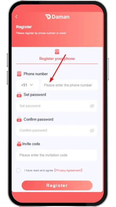 Enter mobile number to register