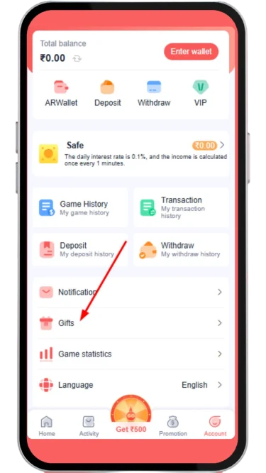Gifts tab in account section